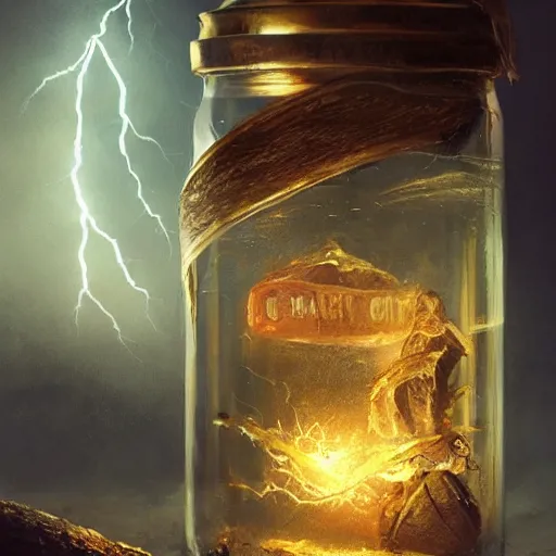 Prompt: commission of a jar with lightning in it,design by charles bowater,greg rutkowski,ross tran,hyperdetailed,hyperrealistic,4k,deviantart,artstation,professional photography,concept art,dramatic