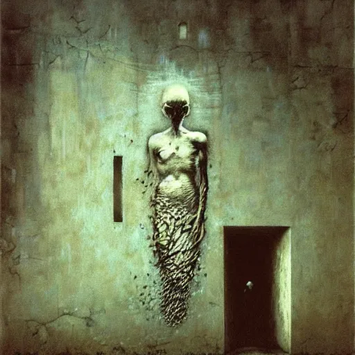 Prompt: graffiti done by zdzislaw beksinski, graffiti on the walls