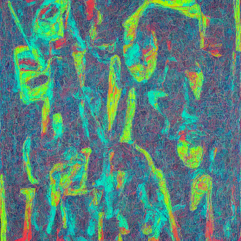 Image similar to two human figures anxiety, smiling, abstract, maya bloch artwork, ivan plusch artwork, cryptic, lines, stipple, dots, abstract, geometry, splotch, concrete, color tearing, uranium, acrylic, neon, pitch bending, faceless people, dark, ominous, eerie, minimal, points, technical, painting