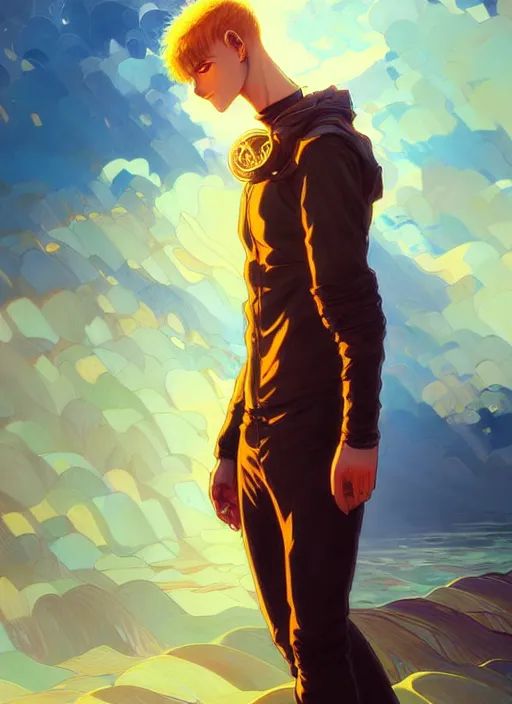 Image similar to handsome genos, half body shot, path traced, highly detailed, high quality, digital painting, alena aenami, lilia alvarado, shinji aramaki, karol bak, alphonse mucha, tom bagshaw