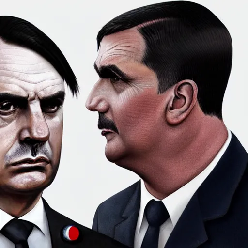 Prompt: hyperrealistic mixed media image of Jair bolsonaro and Adolph Hitler, stunning 3d render inspired art by István Sándorfi and Greg Rutkowski, perfect facial symmetry, realistic, highly detailed attributes and atmosphere, dim volumetric cinematic lighting, 8k octane extremely hyper-detailed render, post-processing, masterpiece,