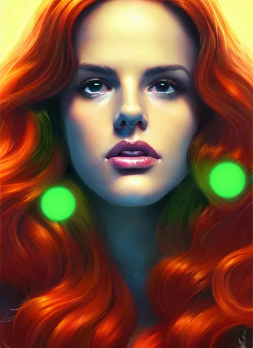 Prompt: full body portrait of teenage cheryl blossom, bangs, green eyes, sultry expression, red hair, sultry smirk, bangs and wavy hair, big bangs, intricate, elegant, glowing lights, highly detailed, digital painting, artstation, concept art, smooth, sharp focus, illustration, art by wlop, mars ravelo and greg rutkowski