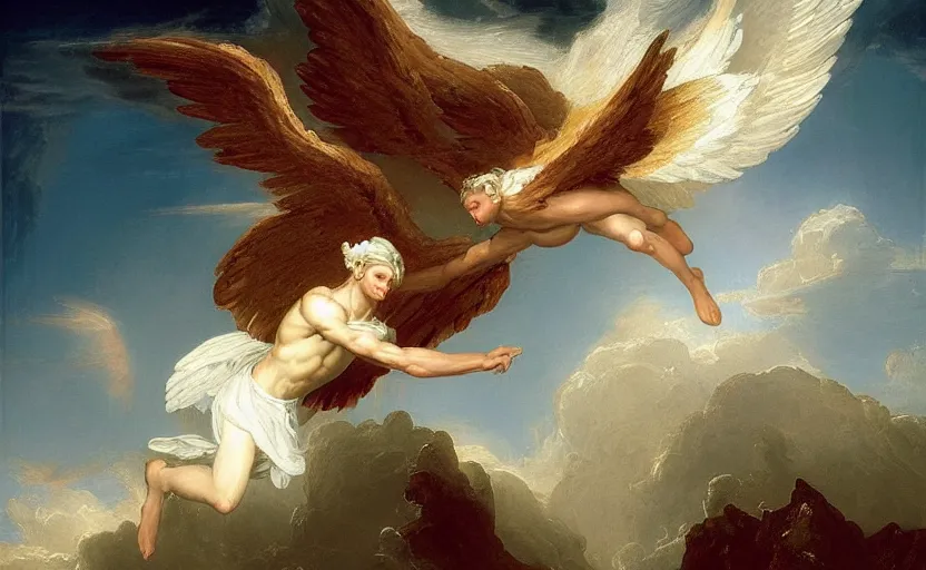 Image similar to a beautiful male angel wearing white angelic clothes flying among heaven and hell painted by thomas cole