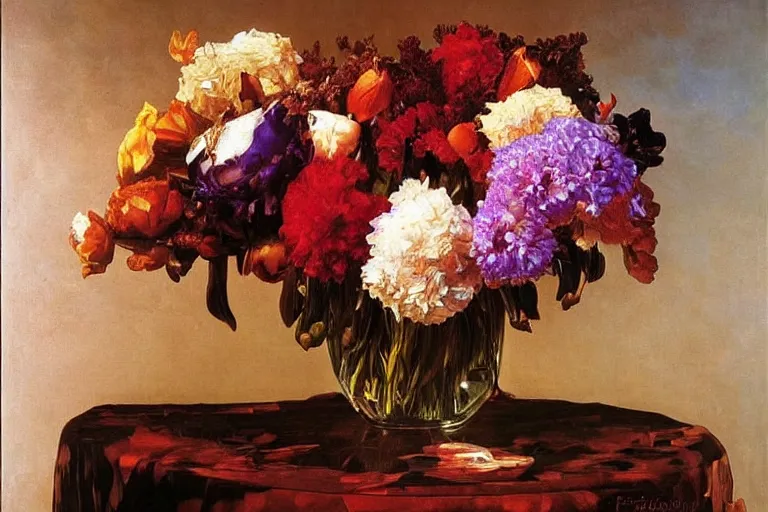 Image similar to vase of melting flowers, surreal oil painting, luminous, highly detailed, dream like, made by frederic leighton, caroline shaw