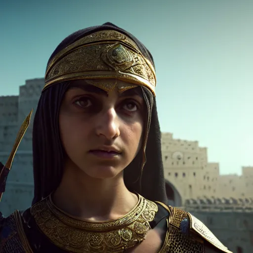 Image similar to a young palestinian princess with dagger, image from prince of persia, by greg rutkowski, very detailed, octane render, unteal engine 5, 4 k