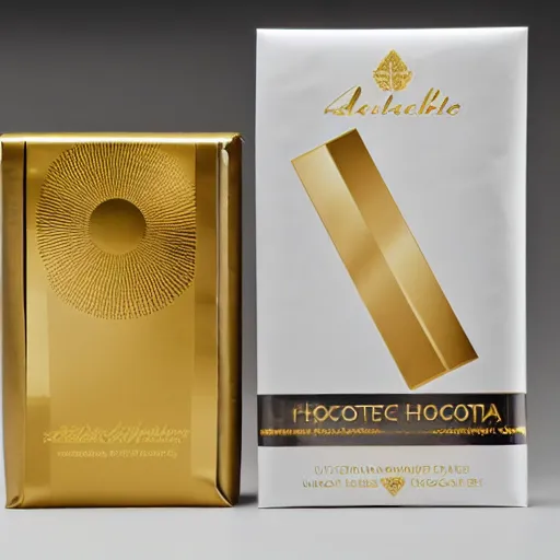 Image similar to white and gold chocolate packaging, ultrarealistic, smooth, sharp focus, great light,