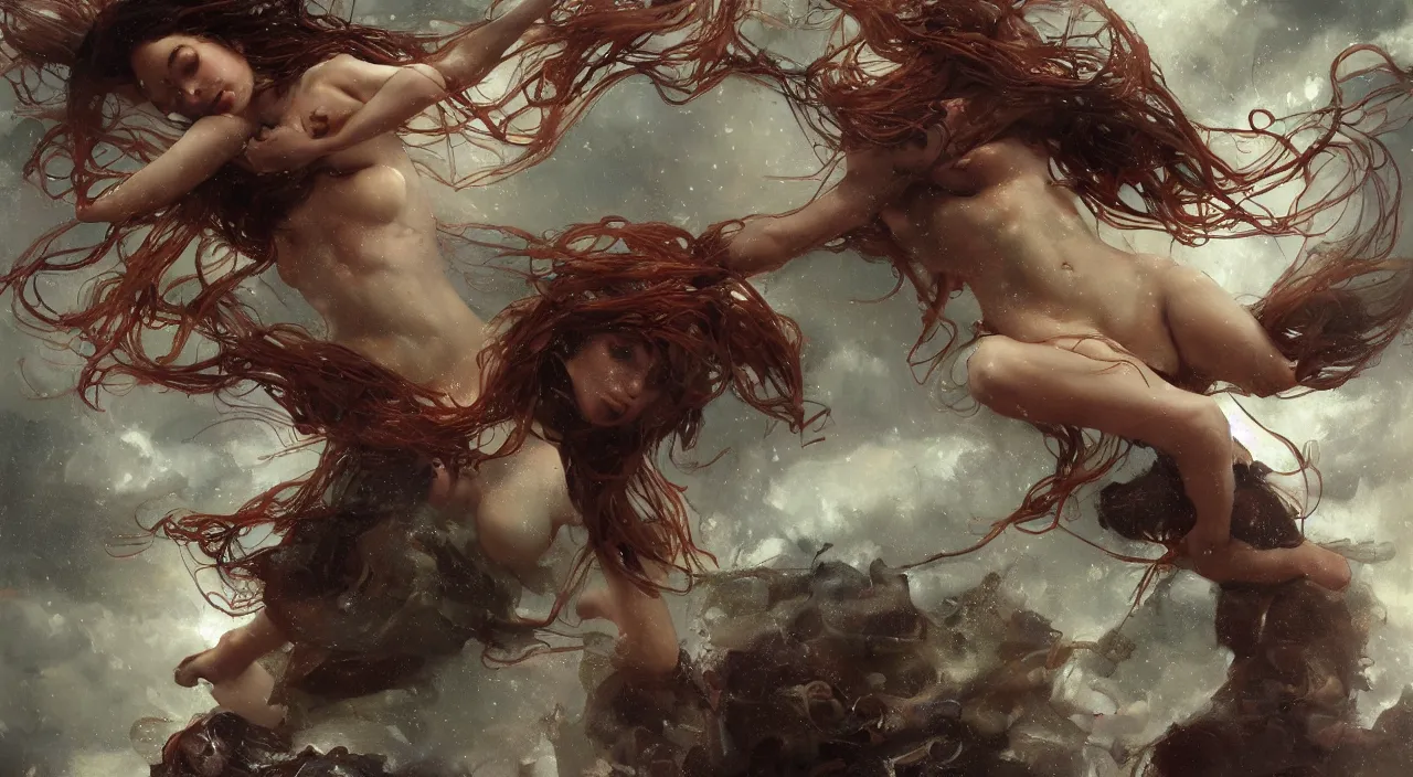 Prompt: 3 0 perfect woman bodies flying inside spaghetti bolognesa with meatballs and hundred rusted perfect woman bodies flying in stormy clouds by by jeremy mann and alphonse mucha, fantasy art, photo realistic, dynamic lighting, artstation, poster, volumetric lighting, very detailed faces, 4 k, award winning, hyper - realism