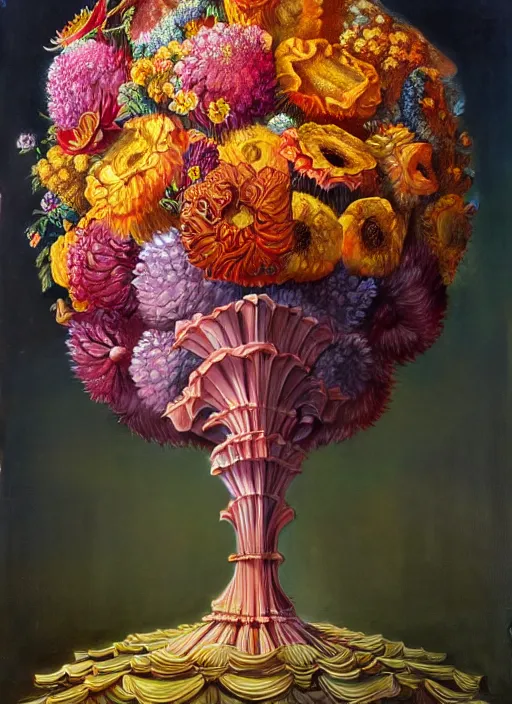 Image similar to hyper detailed 3d octane render illustration like a Oil painting - a vivid exotic flower bouquet, long petals, huge blossoms, by Jacek Yerka, Mariusz Lewandowski, Laszlo generative render, long brush strokes, Masterpiece, Edward Hopper and James Gilleard, Zdzislaw Beksinski, Mark Ryden, Wolfgang Lettl, hints of Yayoi Kasuma, octane render, 8k