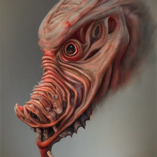 Prompt: Oil portrait of a fleshy-carrion beast, extremely detailed, oil smudges, bloom effect, 8k, trending on artstation