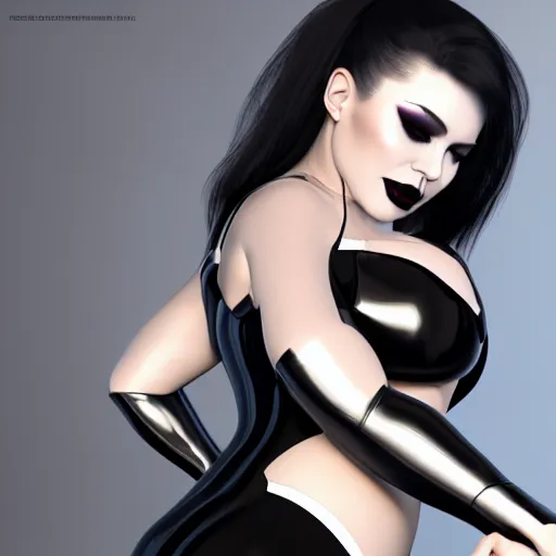 Image similar to curvy feminine goth woman with elegant tight black-silver nylon and latex outfit, cgsociety, photorealistic, highly detailed, sublime, 16k, smooth, sharp focus, trending on ArtStation, hyperdetailed, volumetric lighting