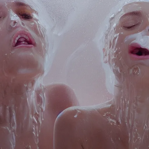 Image similar to close shot of women drenched in milk, from below, in the style of Mike Dargas, golden hour, f 1/3