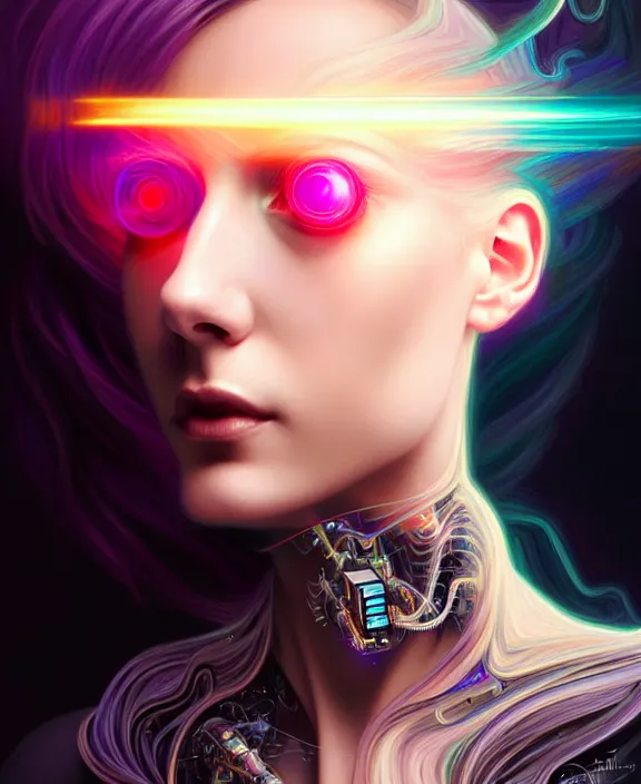 Image similar to a whirlwind of souls rushing inside the metaverse, hologram, half body, neurochip, shaved temple, piercing, jewelry, android, cyborg, cyberpunk face, by loish, d & d, fantasy, intricate, elegant, highly detailed, colorful, digital painting, artstation, concept art, art by artgerm and greg rutkowski and alphonse mucha