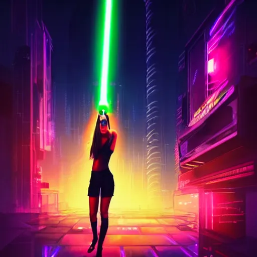 Image similar to a girl holding a lightsaber in a neon cyberpunk city at night, art station, digital art, cinematic, artgerm