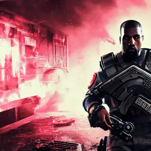 Image similar to kanye west as a ghostbuster in gears of war battlefield 5, splash art, movie still, cinematic lighting, dramatic, octane render, long lens, shallow depth of field, bokeh, anamorphic lens flare, 8 k, hyper detailed, 3 5 mm film grain