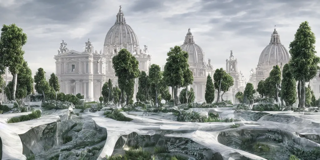 Prompt: utopian city made out of glistening, white marble, nature, fusion between historical and modern futuristic architecture, rome, vegetation, 4k, digital art