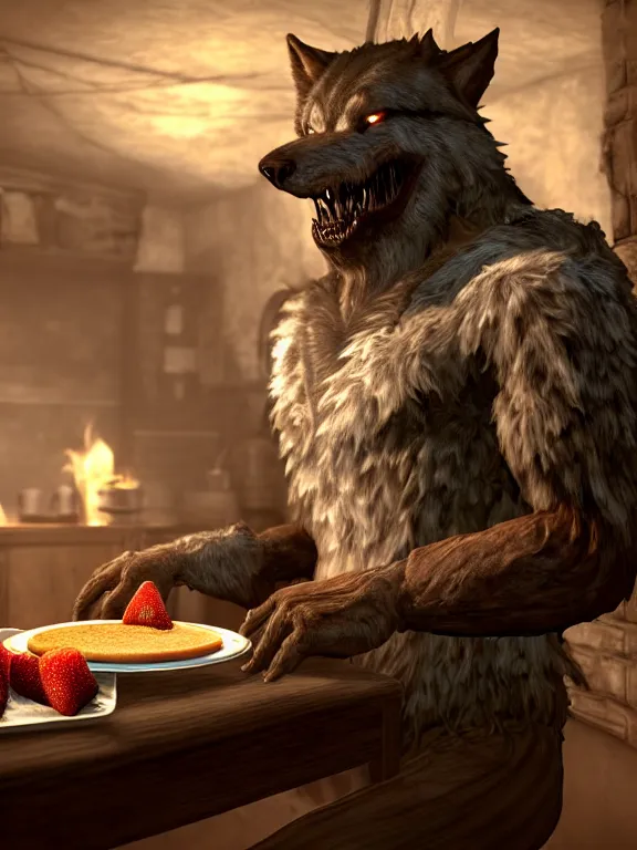 Image similar to cute handsome cuddly burly surly relaxed calm timid werewolf from van helsing sitting down at the breakfast table in the kitchen of a normal suburban home wearing apron having fun baking strawberry tart cakes unreal engine hyperreallistic render 8k character concept art masterpiece screenshot from the video game the Elder Scrolls V: Skyrim