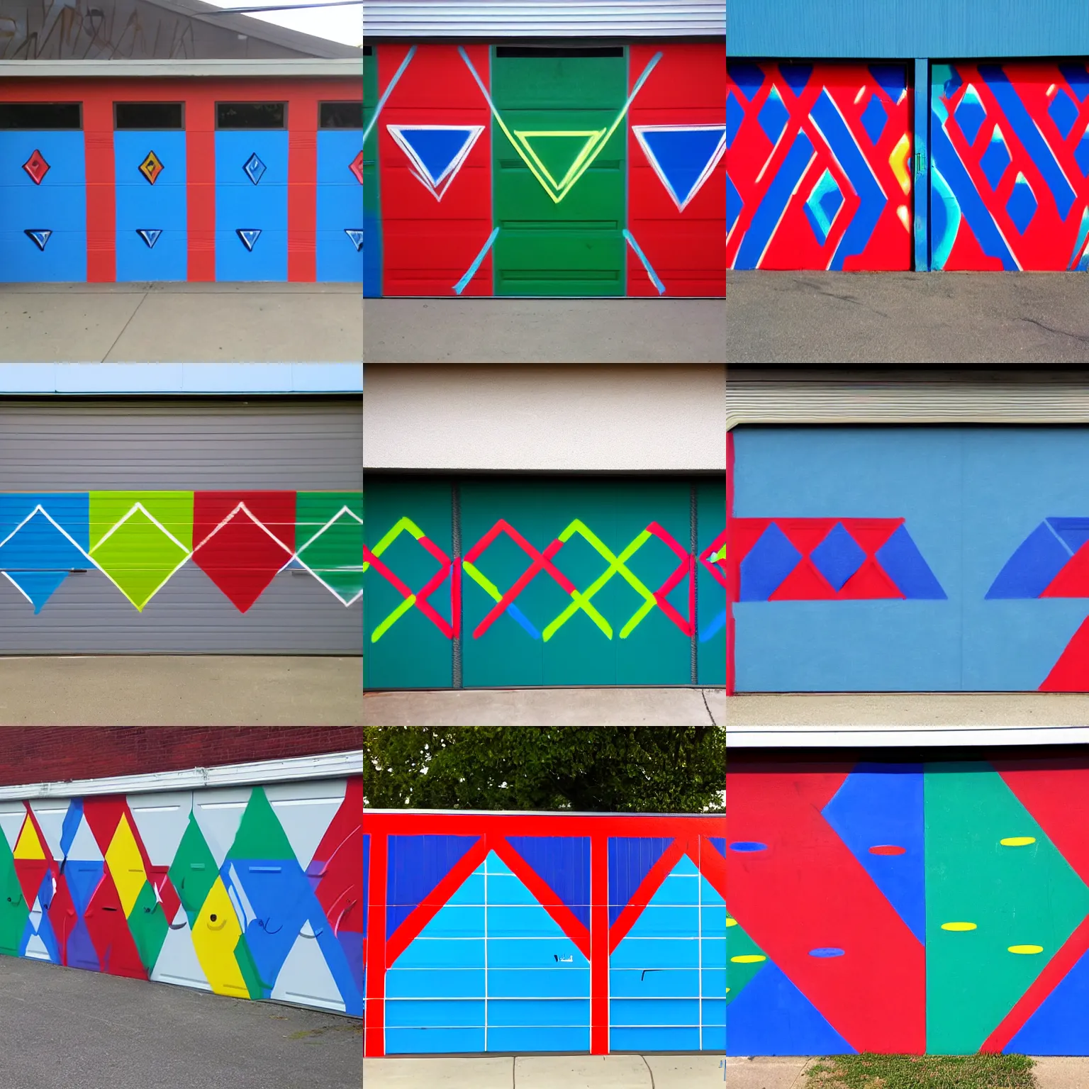 Prompt: Garage door graffitti. Two blue disks. Three red triangles. Four green squares.