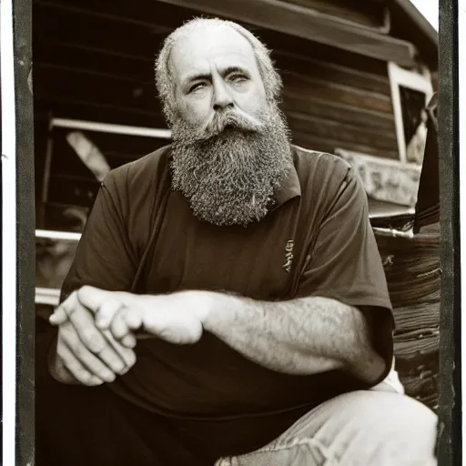 Prompt: a grumpy, top-heavy 60 year old man with short curly brown hair and a big beard sitting on his back porch next to a table covered in empty cigarette cartons and lottery tickets, 8mm lens photography,