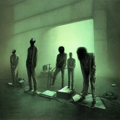 Prompt: concert photograph of death grips, mc ride, death grips, playing a concert in a desolate brutalist wasteland, painted by zdzislaw beksinski