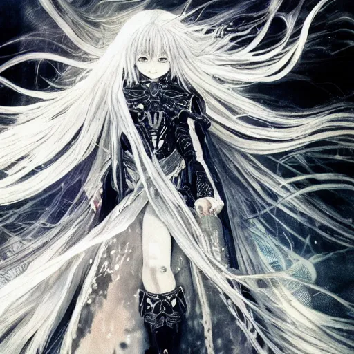 Image similar to Yoshitaka Amano blurred and dreamy illustration of an anime girl with wavy white hair fluttering in the wind and cracks on her face wearing elden ring armour with the cloak, abstract black and white patterns on the background, noisy film grain effect, highly detailed, Renaissance oil painting, weird portrait angle