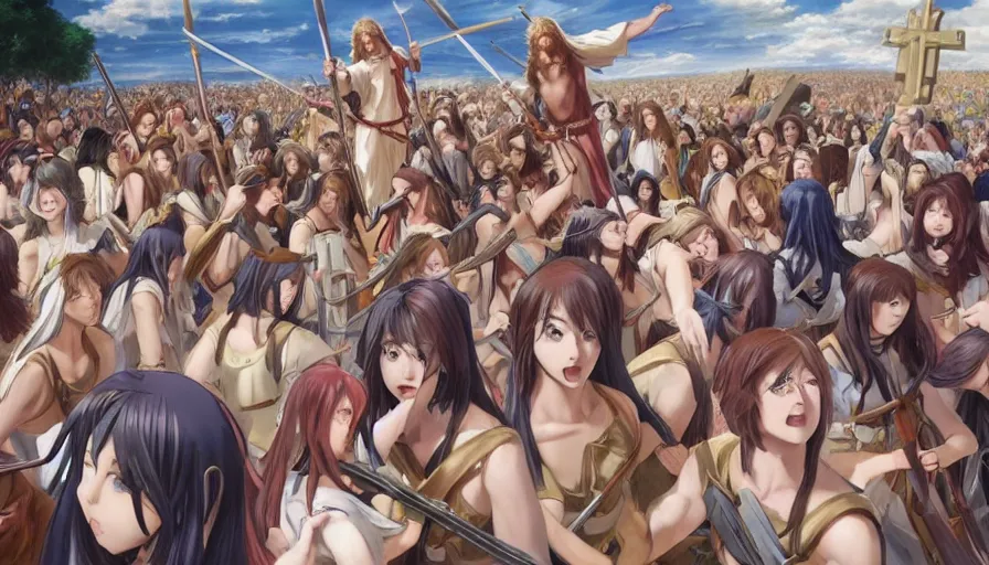 Prompt: jesus christ our lord leading an army of anime girls into battle, photorealistic, anime, mini skirt, long hair, renaissance painting, hyper real, detailed, wide angle shot, ultra detailed