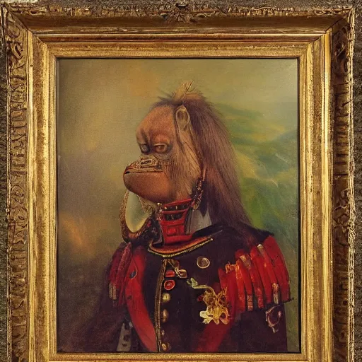 Image similar to An exquisite oil painting of a orangutan dressed like a bearded Napoleon with full military uniform, no frames