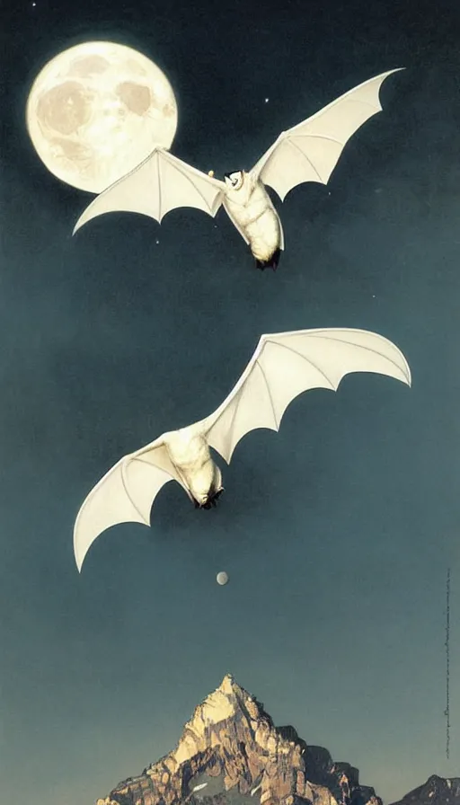 Image similar to a white bat, flying against a black night sky, mountain in the background, moonlight, denoised, very detailed, painted by james gurney, norman rockwell, tom bagshaw