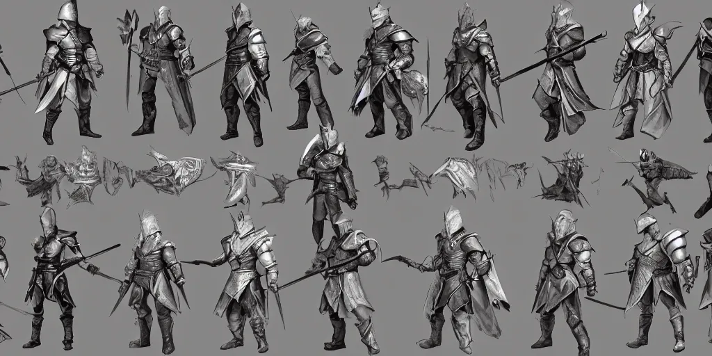 Image similar to RPG game character sheet for a character that looks like a knight, wearing armor, HDR, 4k, 8k, extremely detailed, final fantasy style, includes different angles of the character to use when they turn in the game