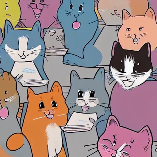 Prompt: a room full of cats singing in comic art style pastel colors