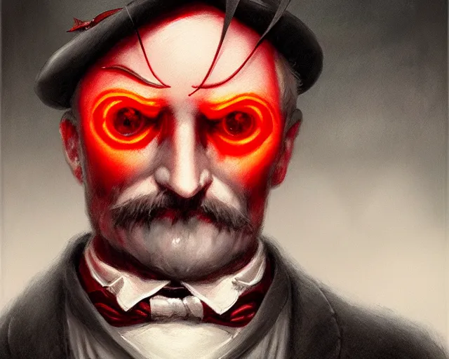 Image similar to closeup profile portrait of jack the ripper with glowing red eyes and bat wings, nicoletta ceccoli, mark ryden, lostfish, max fleischer, hyper realistic, artstation, illustration, digital paint, matte paint, vivid colors, bright, cheerful, detailed and intricate environment