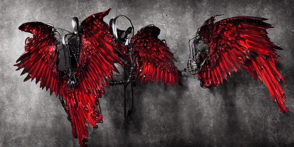 Prompt: pair of red mechanical demon wings, steampunk style, highly detailed, red houdini particle effects, glow, black background