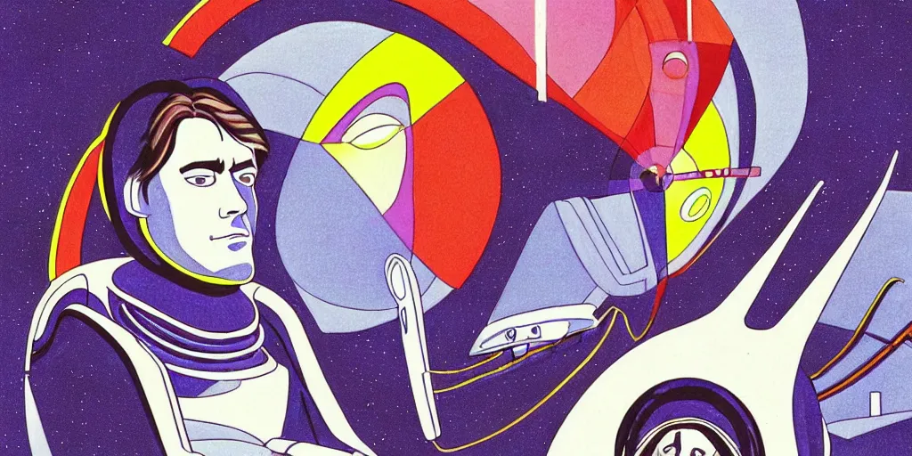 Image similar to traditional drawn colorful animation a symmetrical portrait of lonely single Alain Delon alone from 1980 80s pilot in posing in spaceship station planet captain bridge outer worlds robots extraterrestrial hyper contrast well drawn in Jean Henri Gaston Giraud animation film The Masters of Time FANTASTIC PLANET La planète sauvage animation by René Laloux