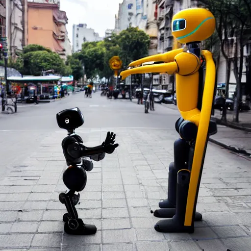 Image similar to Humanoid robots in the streets of Buenos Aires, helping people find their way, on the sidewalk