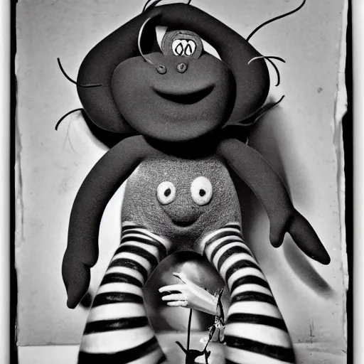 Image similar to a black and white photograph in the style of Jim Henson, Gary Baseman, Robert Crumb, photorealism, surreal, high contrast, film photography