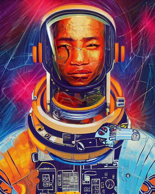 Prompt: a cyberpunk portrait of an astronaut. by jean - michel basquiat, by hayao miyazaki by artgerm, highly detailed, sacred geometry, mathematics, snake, geometry, cyberpunk, vibrant, water