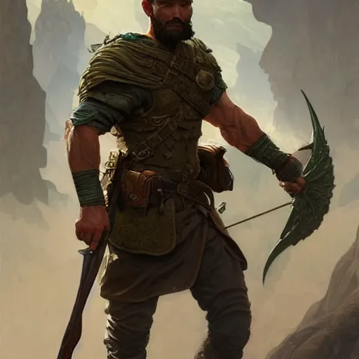 Prompt: Rugged male ranger in battle, D&D, muscular, fantasy, intricate, elegant, highly detailed, digital painting, artstation, concept art, smooth, sharp focus, illustration, art by artgerm and greg rutkowski and alphonse mucha