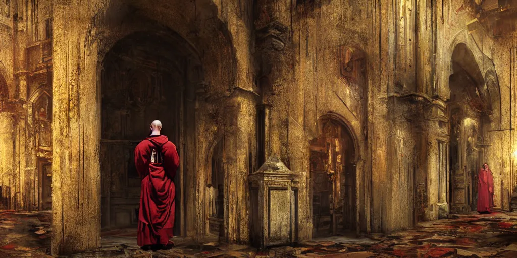 Image similar to gloomy painting of monk in biopunk costume standing in doors inside ruined catholic cathedral interiors with walls painted in khokhloma style, gold, red and black, wide angle, 24mm, 8k resolution, detailed, realistic, digital art, very beautiful, award winning, matte painting