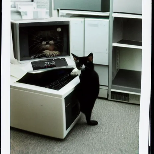 Image similar to a 80s Polaroid of a cat with a suit working at a Macintosh computer inside an office