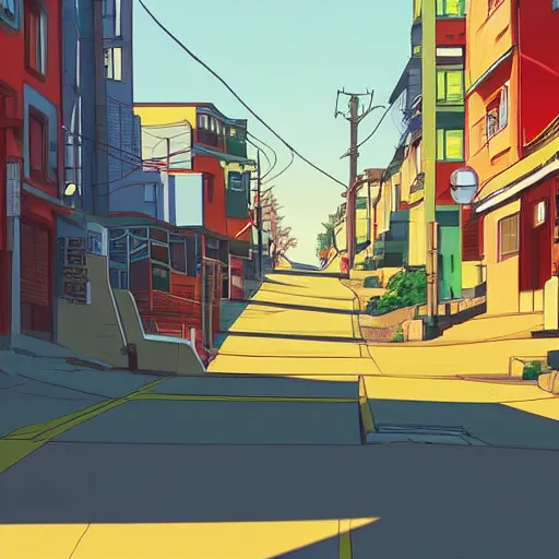 Image similar to city street, sloped street, city on tall hillside, street scene, colorful buildings, cel - shading, 2 0 0 1 anime, flcl, jet set radio future, golden hour, japanese town, concentrated buildings, japanese neighborhood, electrical wires, cel - shaded, strong shadows, vivid hues, y 2 k aesthetic