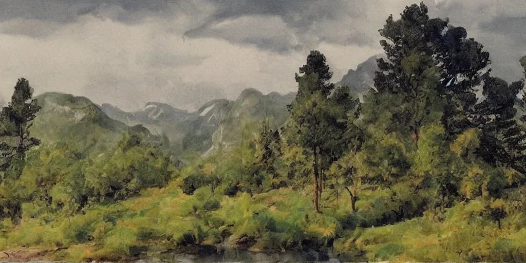 Prompt: dramatic swedish landscape, mountains covered in trees, in the style of anders zorn