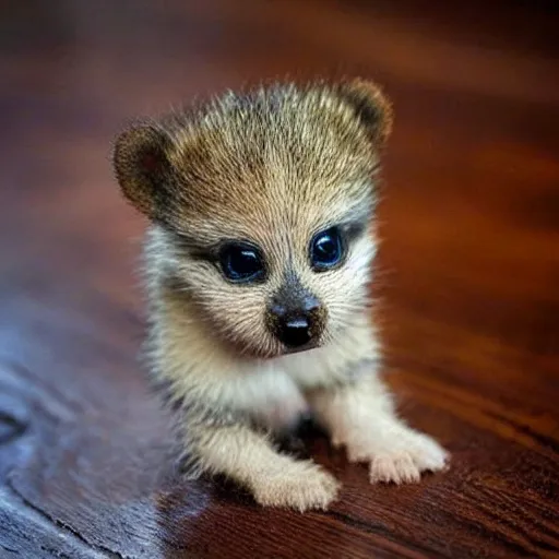 Prompt: Wow! This small baby animal on the wooden table is so cute!