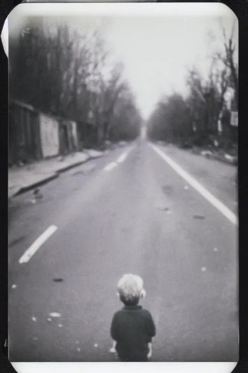 Image similar to photo polaroid of a sad and lonely child in the middle of a road destroyed by bombs ,war, has a gun in his hand, loneliness,, black and white ,photorealistic, 35mm film,