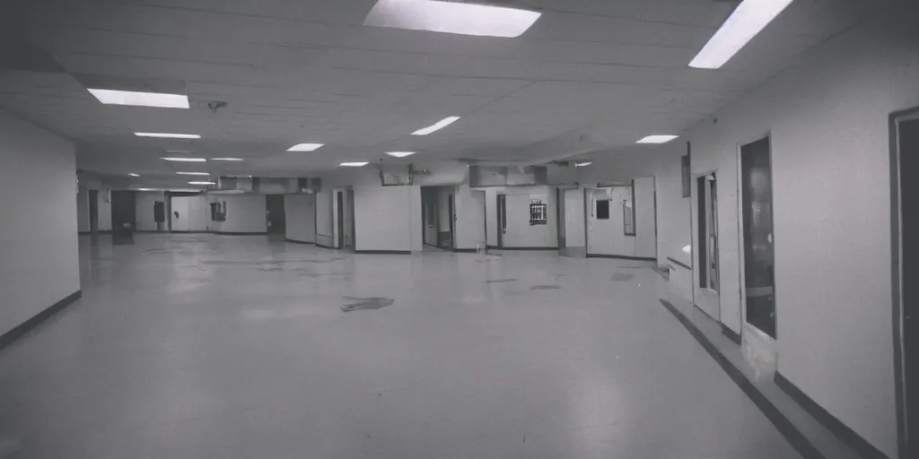 Image similar to a weird place full of people but now empty with eerie feeling, disposable colored camera, camera flash, house, mall, hallway, playground, office