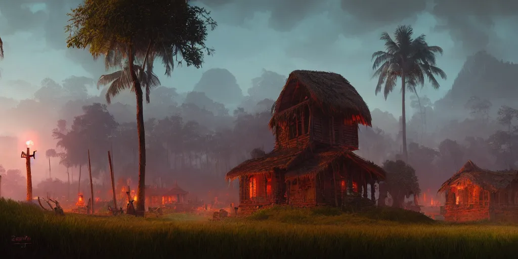 Image similar to establishing shot of a kerala village, an epic fantasy, dramatic lighting, cinematic, extremely high detail, photorealistic, cinematic lighting, matte painting, artstation, by simon stalenhag, shadow of the tomb rider