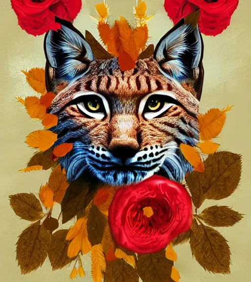 Prompt: lynx wearing a flower circle made out of roses and golden leaves on his head, a majestic crown, an expressive digital painting, high quality art,