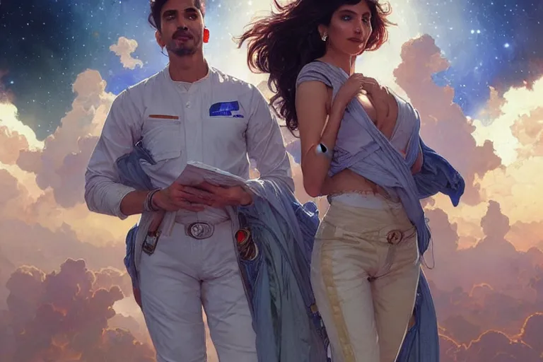 Image similar to Sensual good looking pale young Indian doctors wearing jeans in a space station above Earth, portrait, elegant, intricate, digital painting, artstation, concept art, smooth, sharp focus, illustration, art by artgerm and greg rutkowski and alphonse mucha