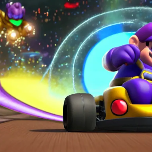 Image similar to Thanos in Mario Kart Game, screenshot from the game,artstation, hyperdetalied,high quality, high rendering, realistic,HD,