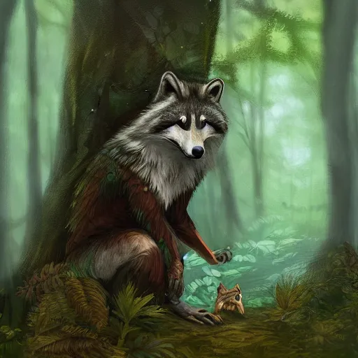 Image similar to a woodland druid in a forest with a wolf bird and racoon, photorealistic, in the style of greg rutkowski, digital painting