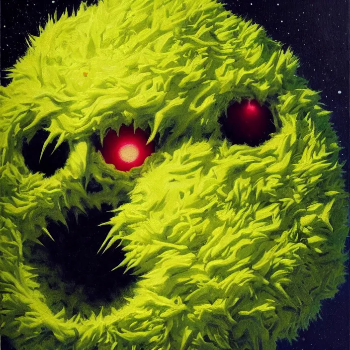 Image similar to cinematic portrait of a tennis ball monster in the abyss of space, oil on canvas, masterpiece, trending on artstation, featured on pixiv, cinematic composition, dramatic pose, beautiful lighting, sharp details, hyper-detailed, HD, HDR, 4K, 8K, art by Basil Gogos