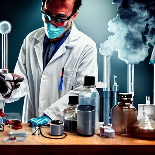 Image similar to Zombie Doctor performing surgery on a cadaver mad scientist laboratory glowing chemistry set viles test tubes potions smoking HDR 8K